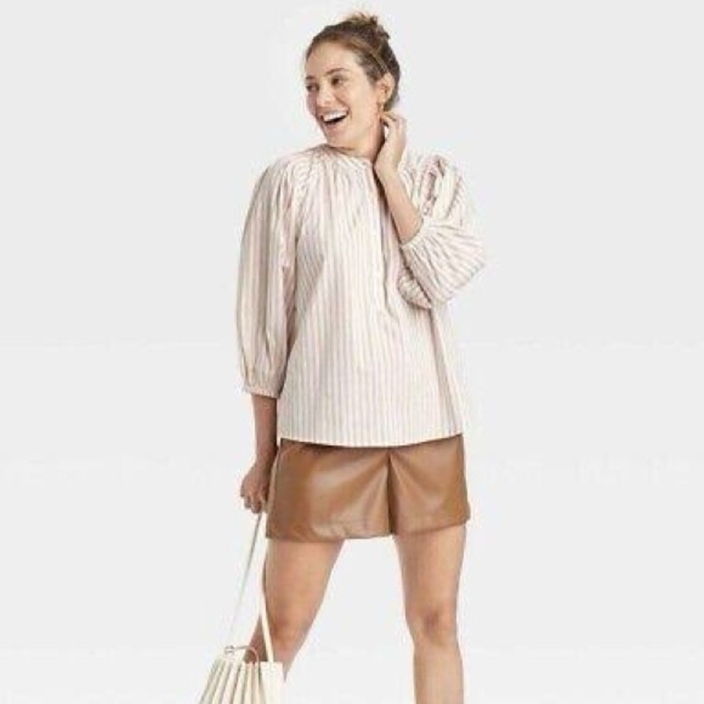 a new day Womens Size XXL Puff Sleeve 3/4 Sleeve Blouse Pullover Cream Stripe